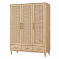 Armoire 3 Portes en Bois et Rotin avec Poignées Dorées
