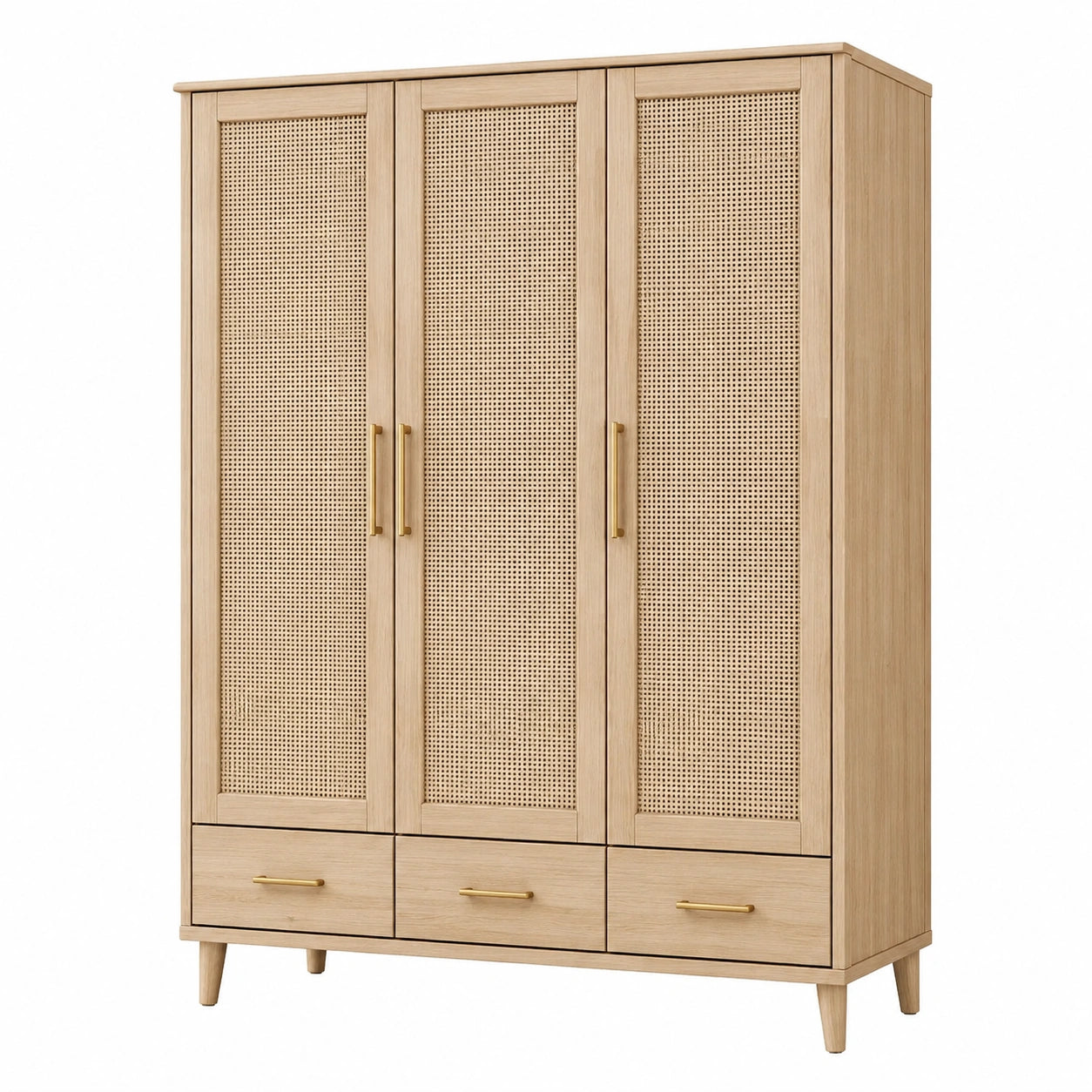 Armoire 3 Portes en Bois et Rotin avec Poignées Dorées
