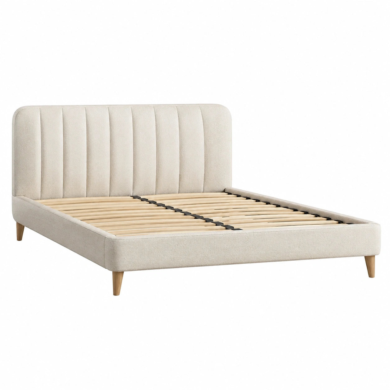 Lit double en bois et tissu polyester beige 200x160 cm