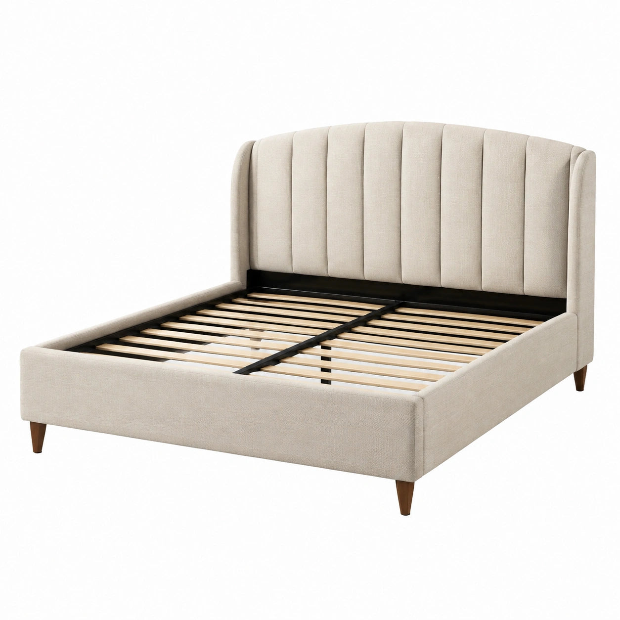 Lit double en tissu beige avec lattes en bois