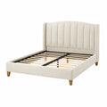 Lit avec tête de lit courbée en bois et tissu polyester 140x200 cm beige