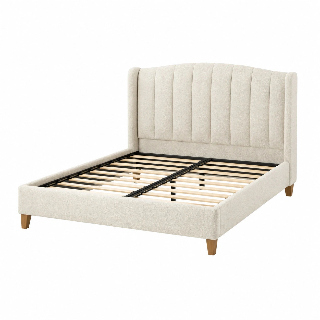 Lit avec tête de lit courbée en bois et tissu polyester 140x200 cm beige