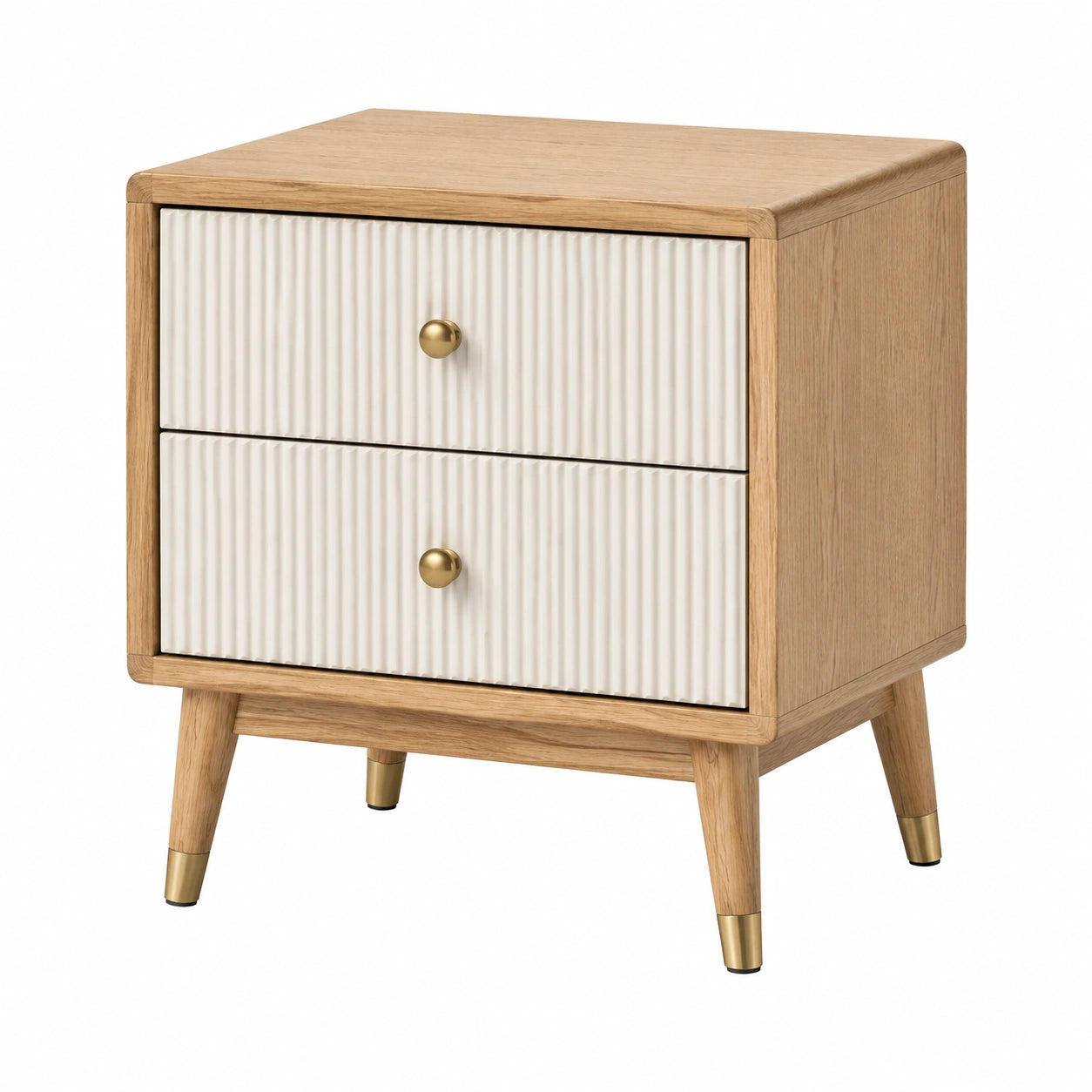 Table de chevet en bois avec tiroirs en chêne et métal