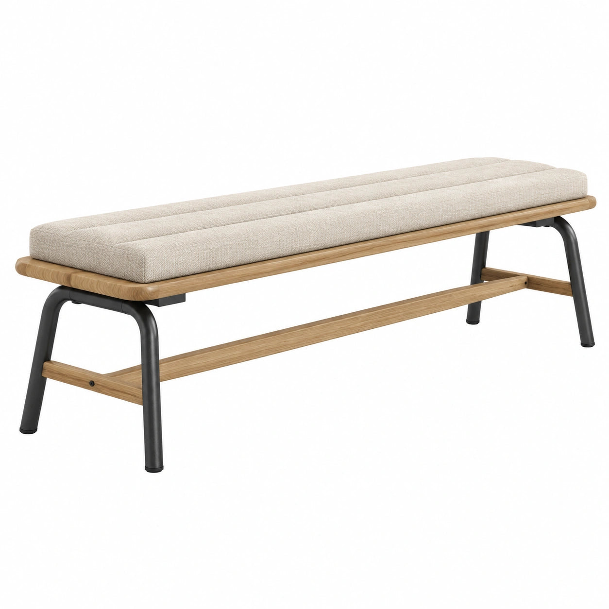Banc en tissu avec cadre en bois de chêne et pieds en métal noir