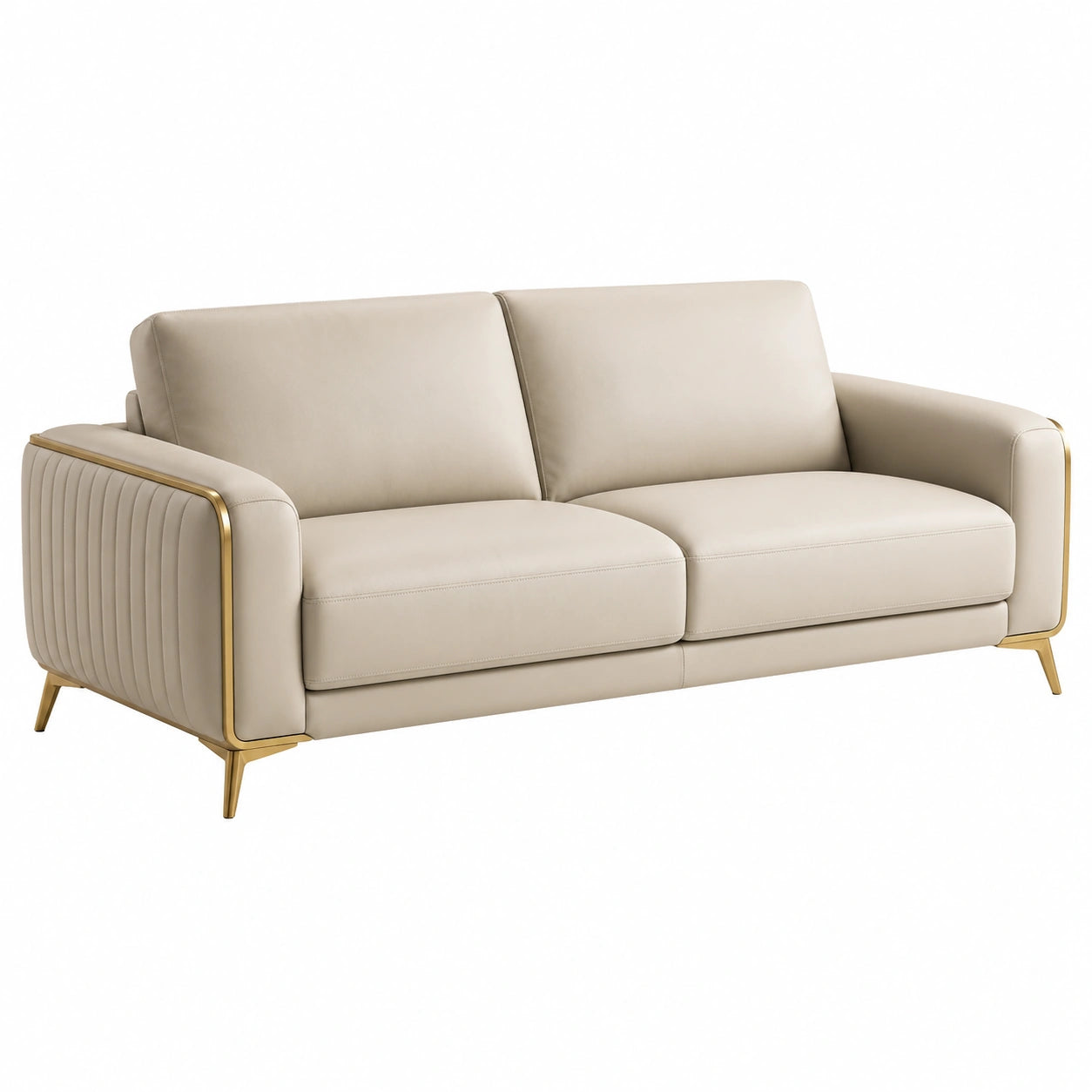 Canapé 3 places cuir beige pieds métal doré 200 cm