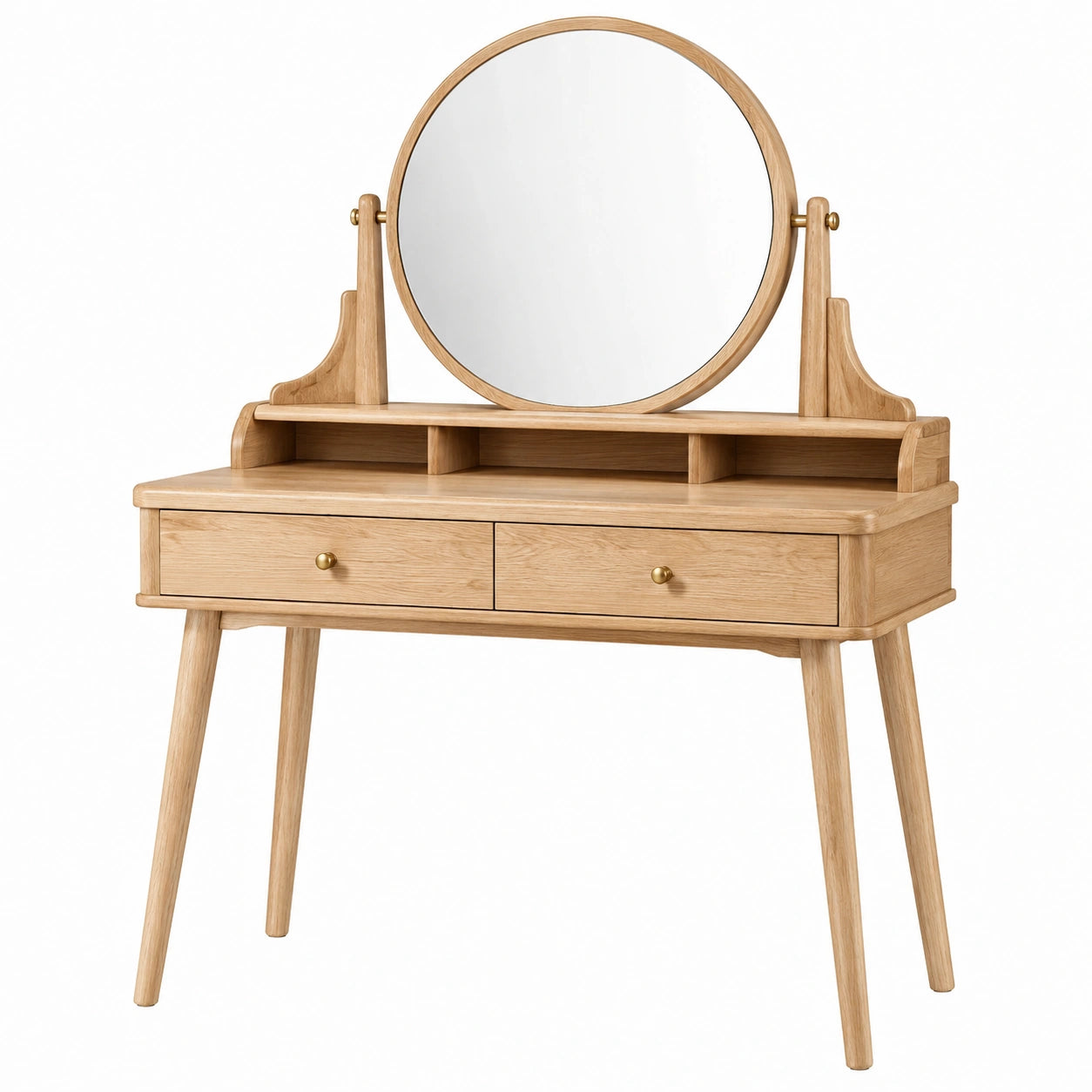 Coiffeuse en bois de chêne avec miroir rond et tiroirs