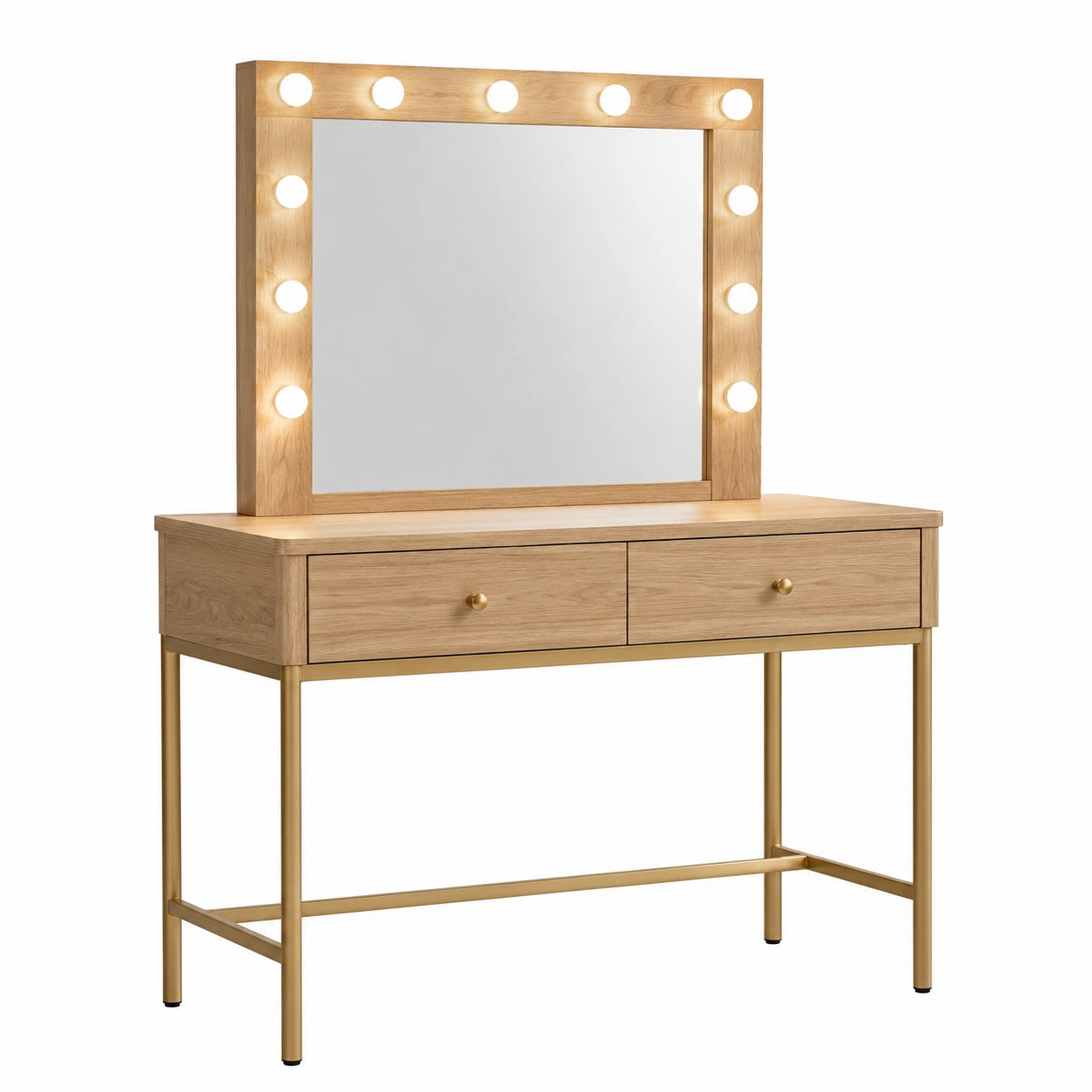 Coiffeuse en bois et métal avec miroir LED chêne doré