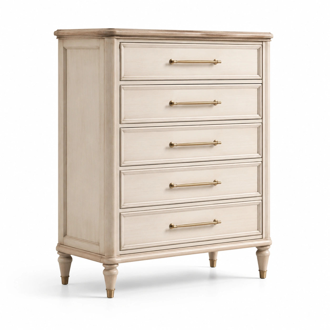 Commode en bois de chêne avec 5 tiroirs blanc cassé