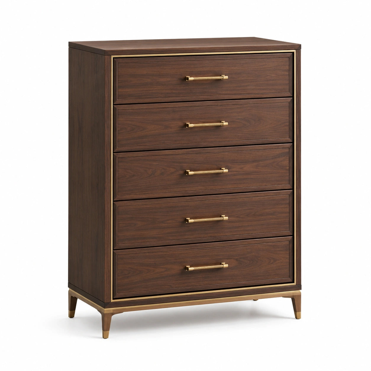 Commode en bois avec 5 tiroirs et poignées en laiton, 120x80x40 cm, noyer