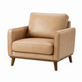 Fauteuil en cuir synthétique beige avec pieds en bois