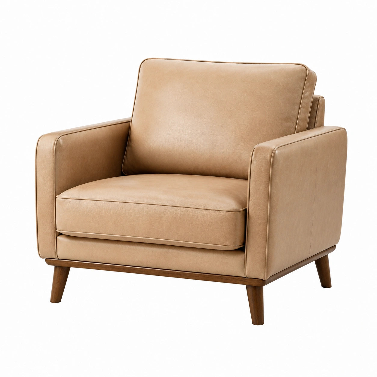 Fauteuil en cuir synthétique beige avec pieds en bois