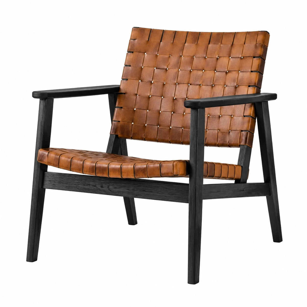 Fauteuil en cuir tressé avec cadre en bois noir