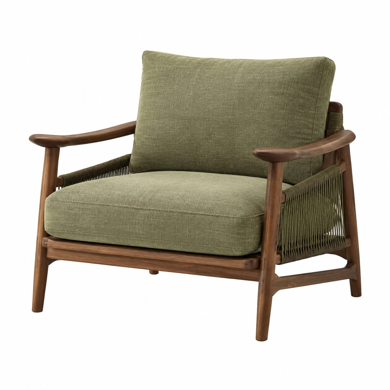 Fauteuil en bois avec revêtement en tissu vert olive