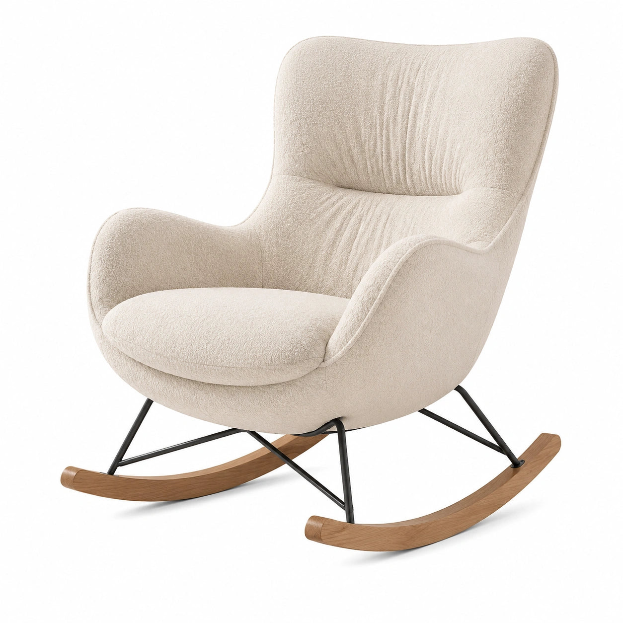 Chaise berçante en tissu bouclette beige avec pieds en bois et métal