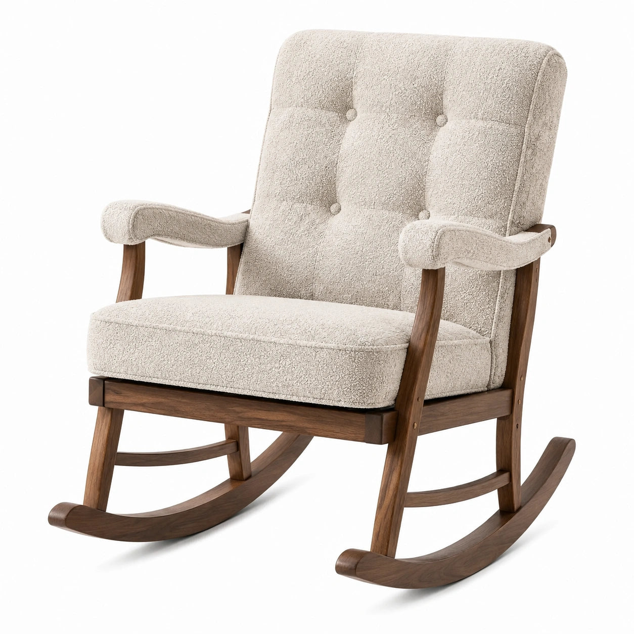Fauteuil à bascule en bois et tissu bouclette crème