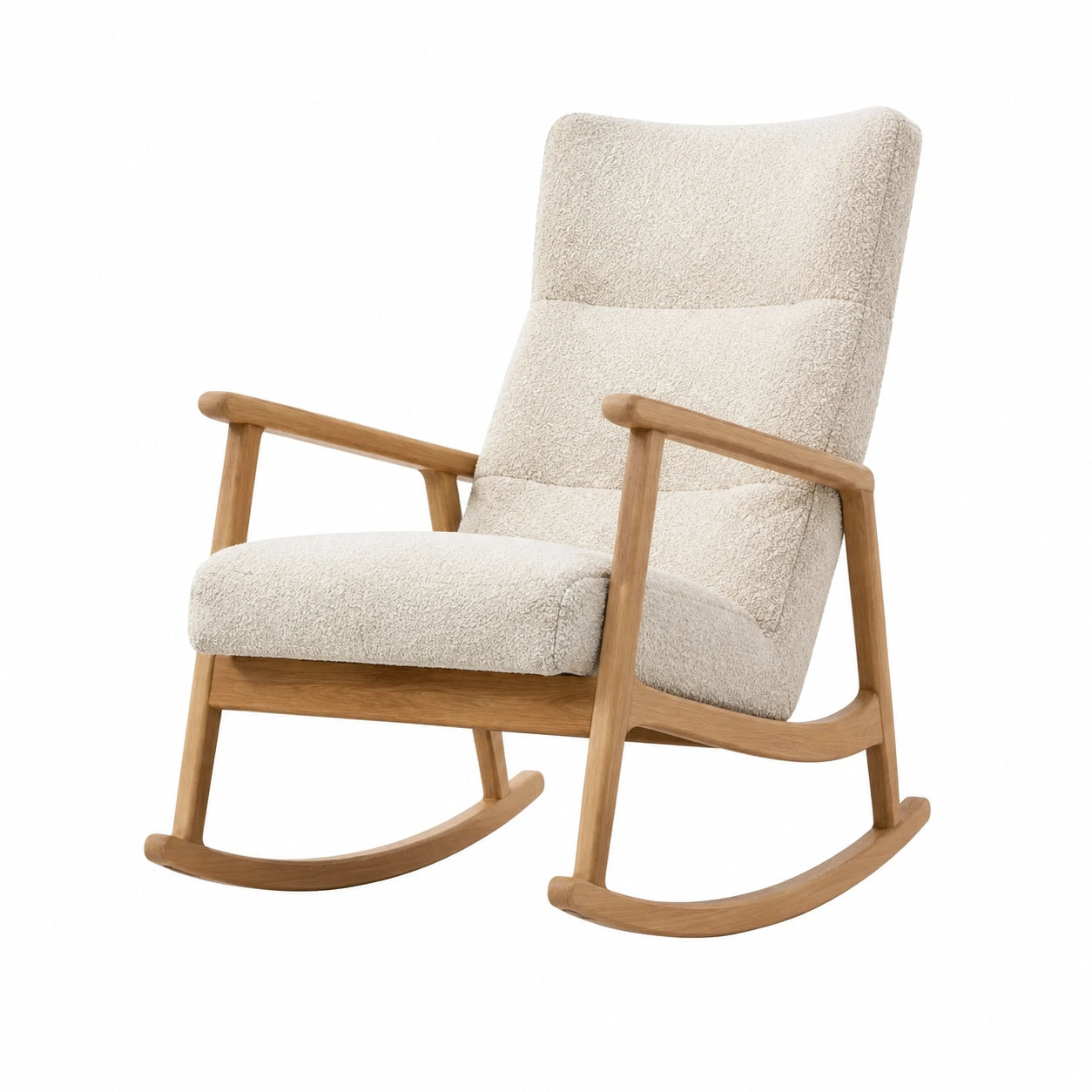Fauteuil à bascule en bois de chêne et tissu bouclé écru